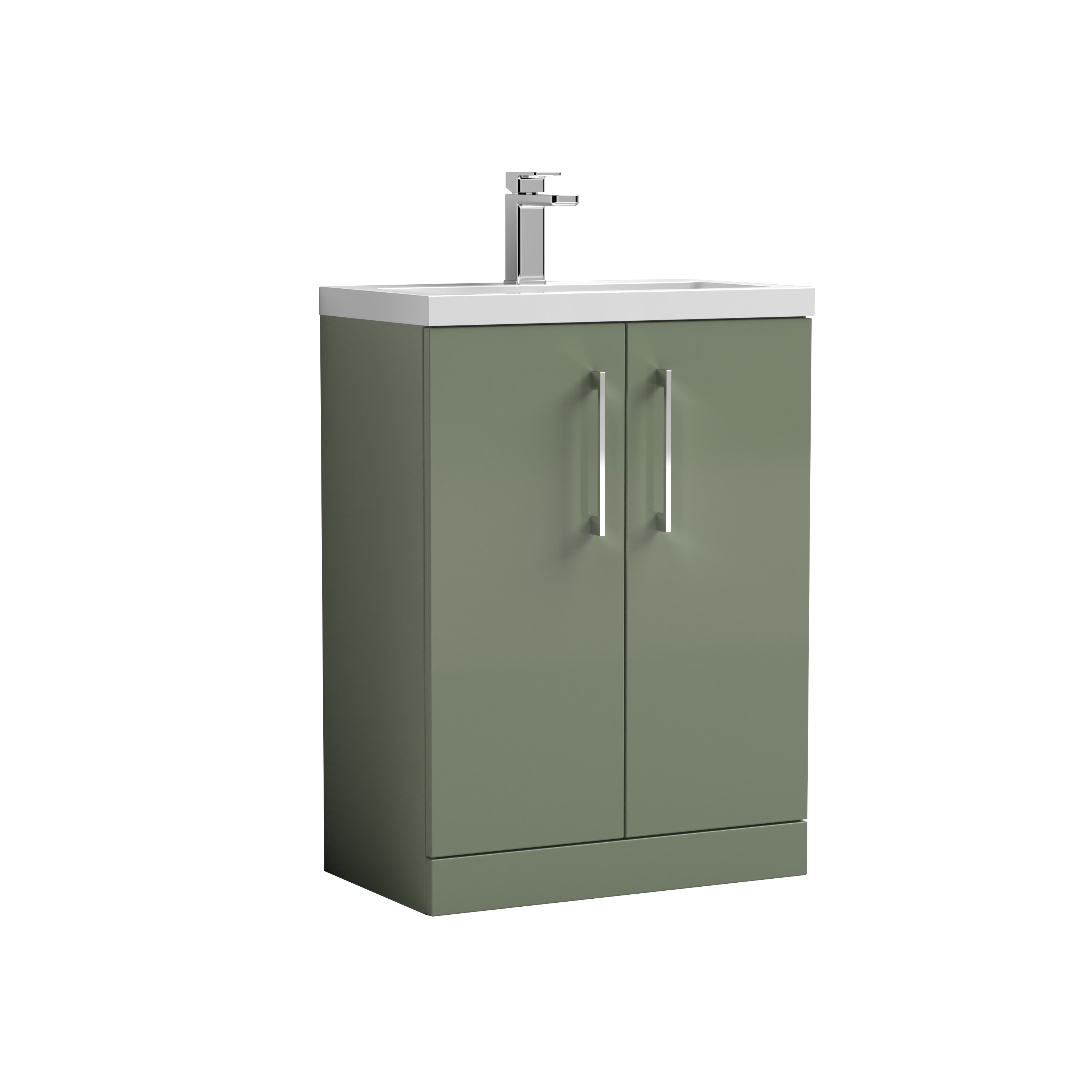 Nuie Arno Compact Satin Green 600mm Floor Standing 2 Door Vanity Unit and Polymarble Basin PAL119
