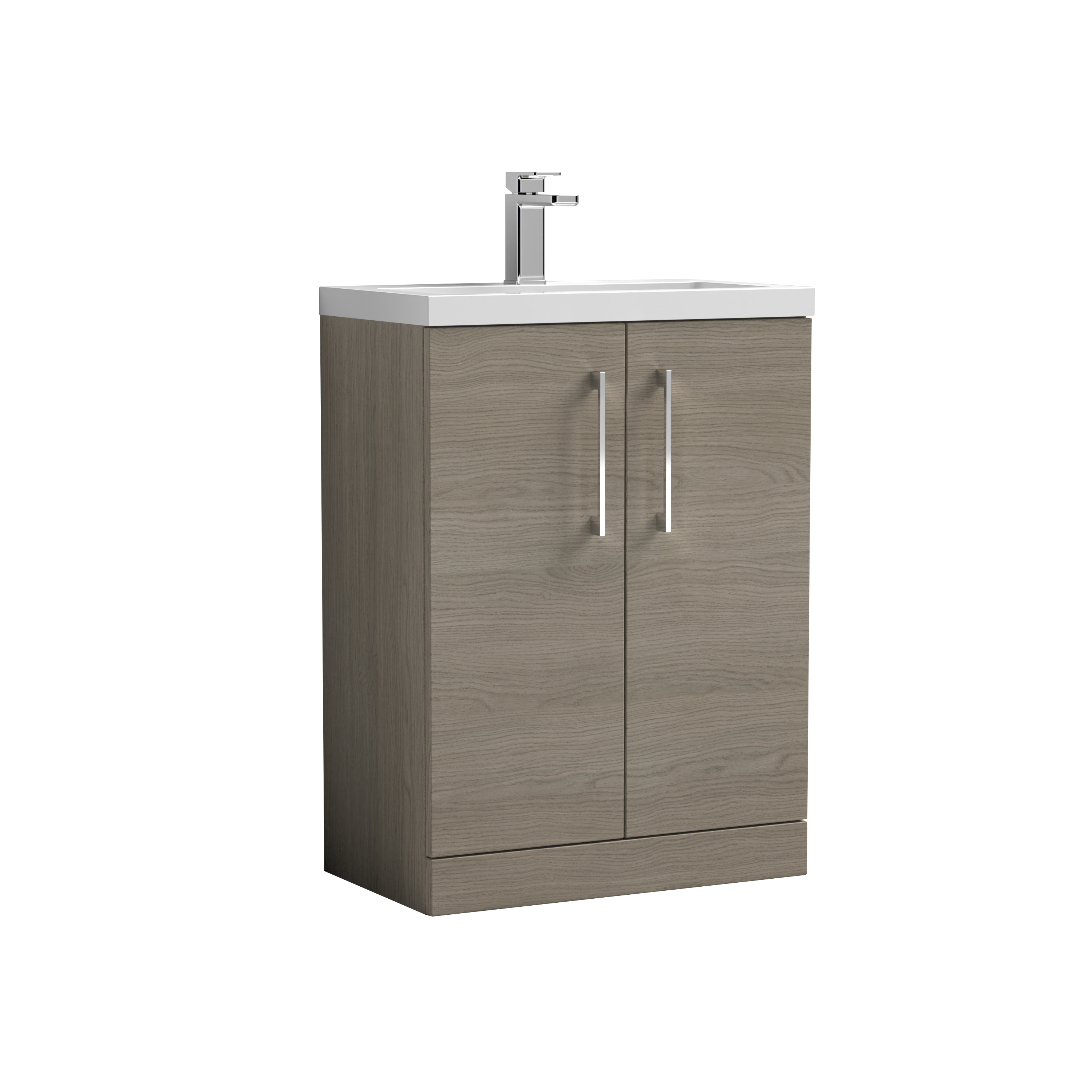 Nuie Arno Compact Solace Oak 600mm Floor Standing 2 Door Vanity Unit and Polymarble Basin PAL123
