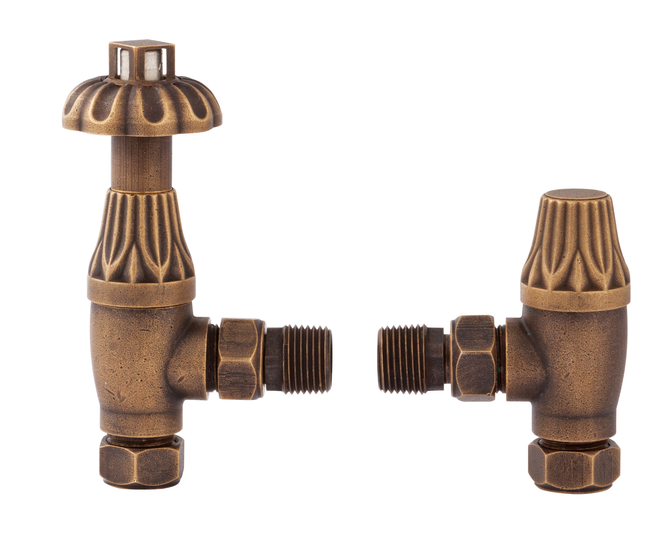 Hudson Reed Nuie Radiator Valves Antique Brass Thermostatic Valve Pack RV006