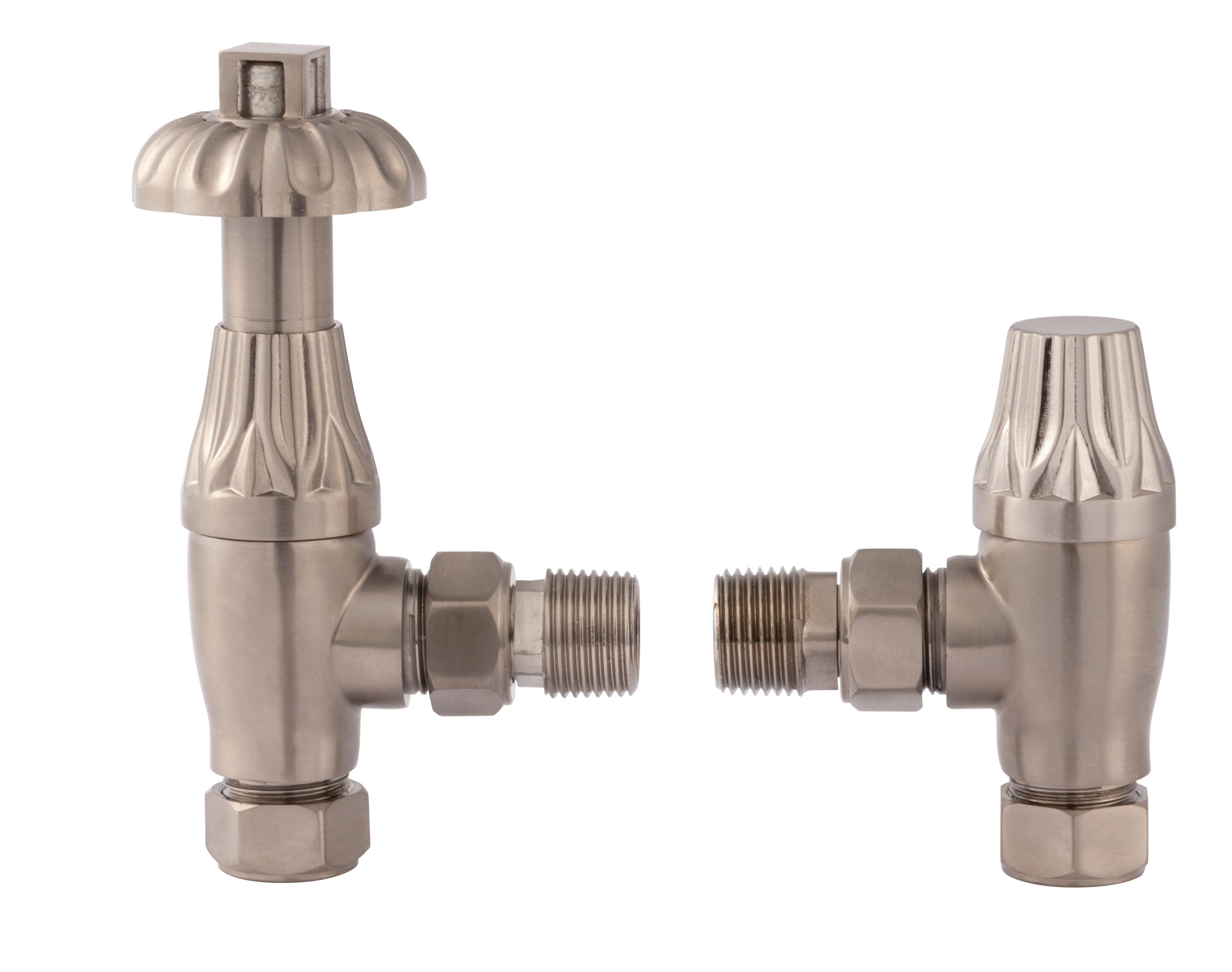 Hudson Reed Nuie Radiator Valves Satin Nickel Thermostatic Valve Pack RV009