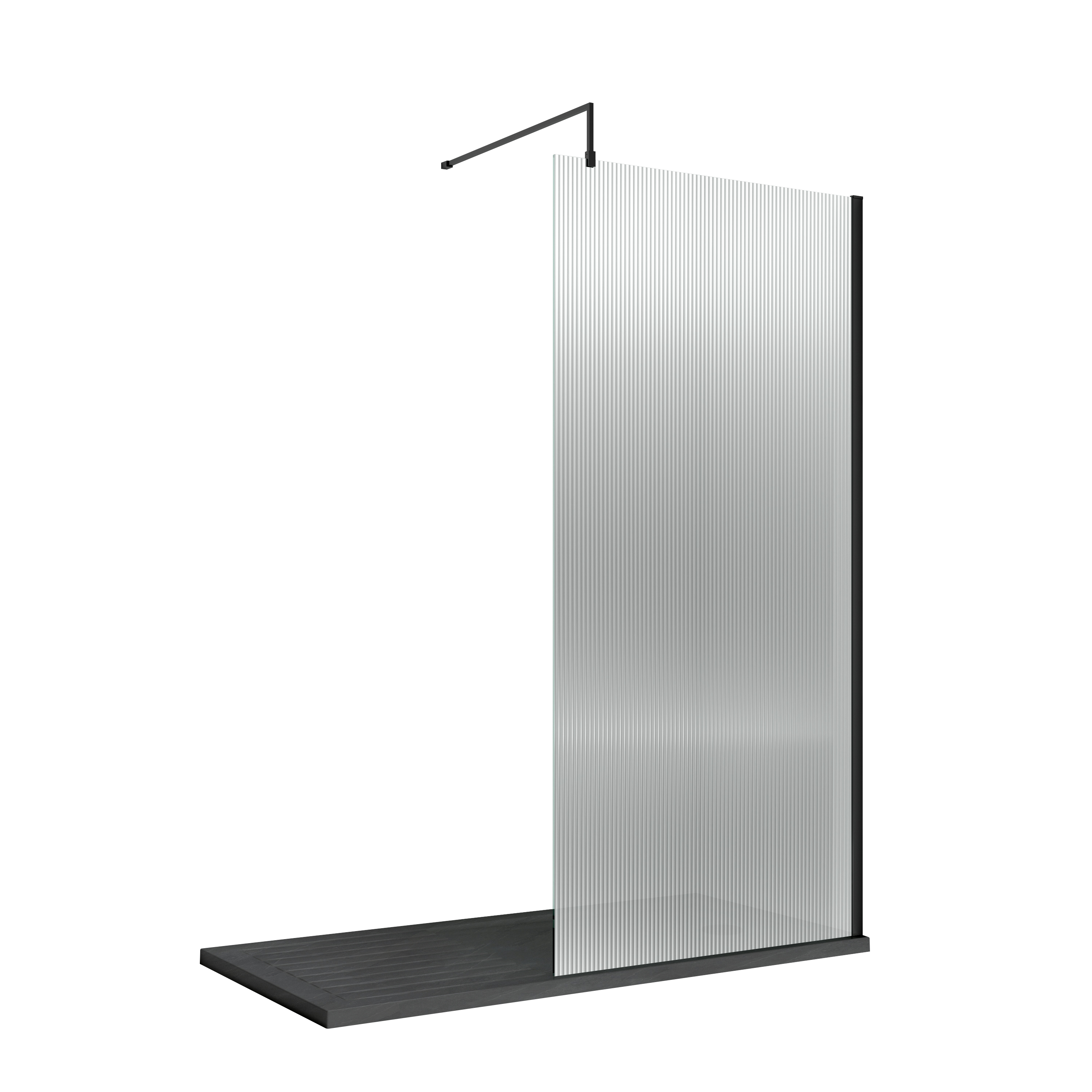 Nuie Matt Black 1000mm Fluted Wetroom Screen with Support Bar WRFL18510BP