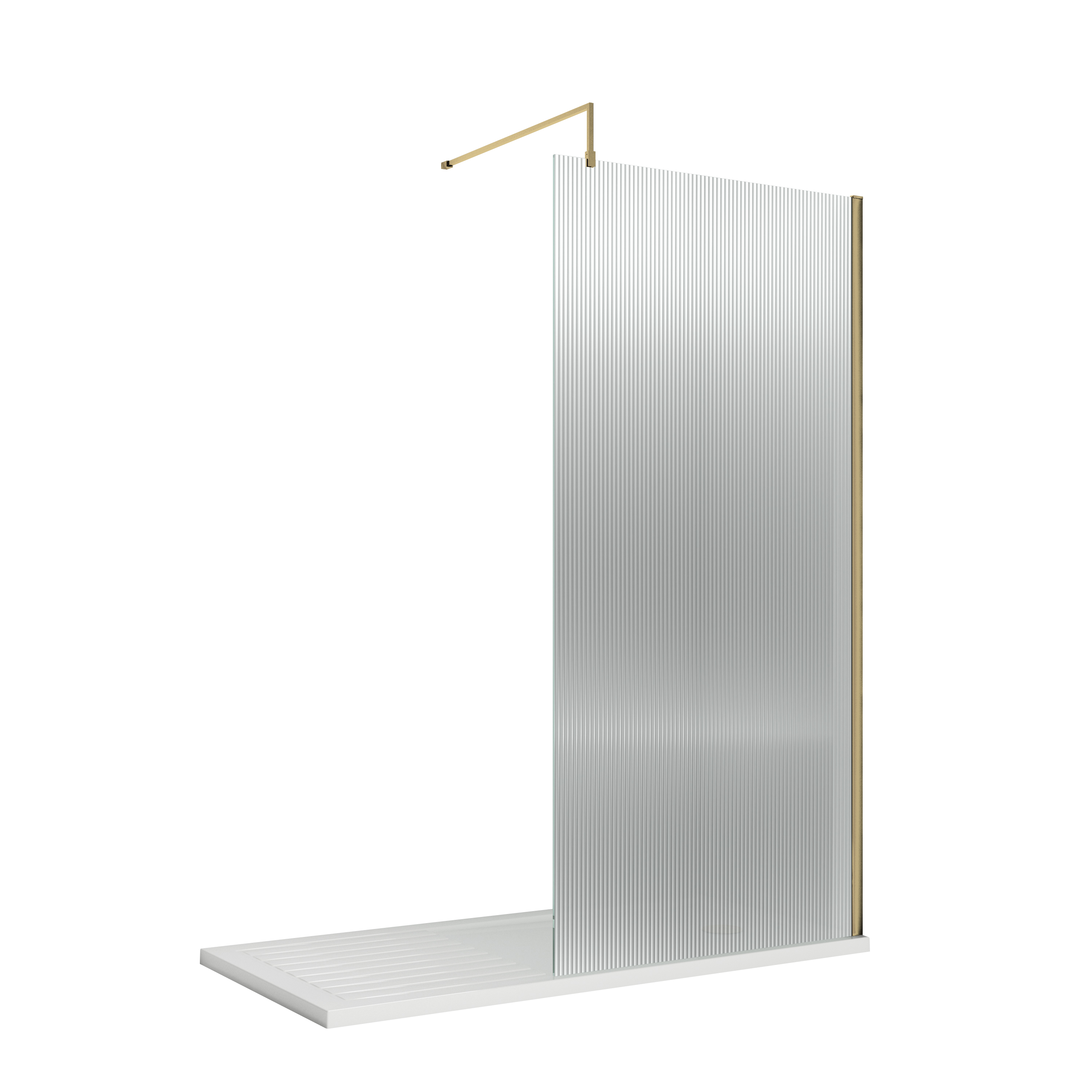 Nuie Brushed Brass 800mm Fluted Wetroom Screen with Support Bar WRFL18580BB