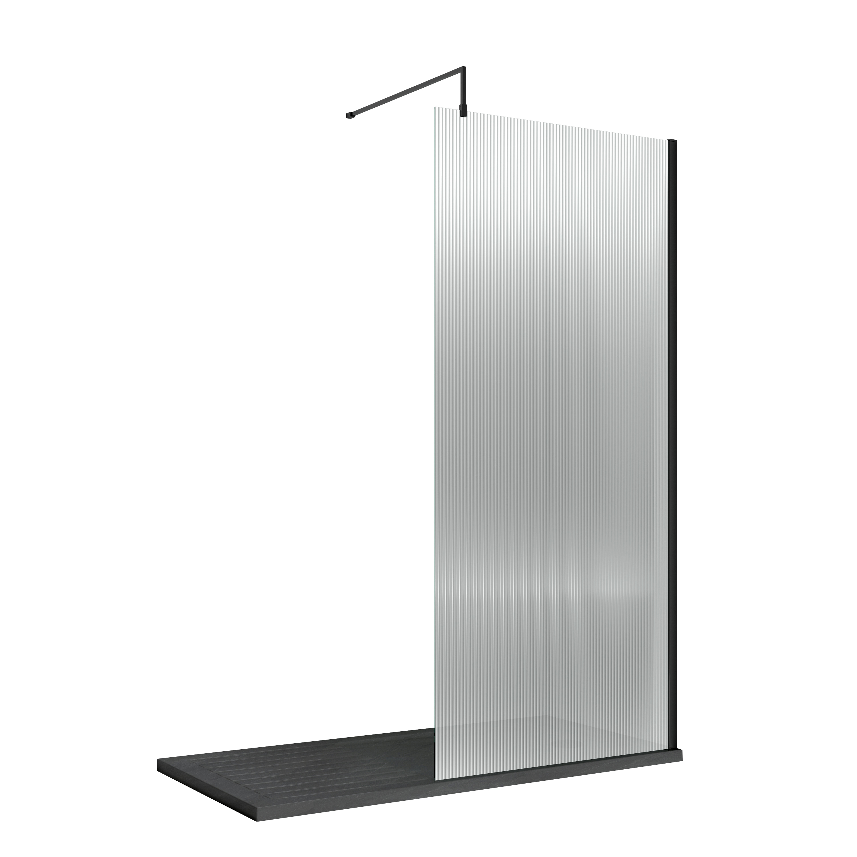 Hudson Reed Wetroom Screen Matt Black 800mm Fluted with Support Bar WRFL19580BP